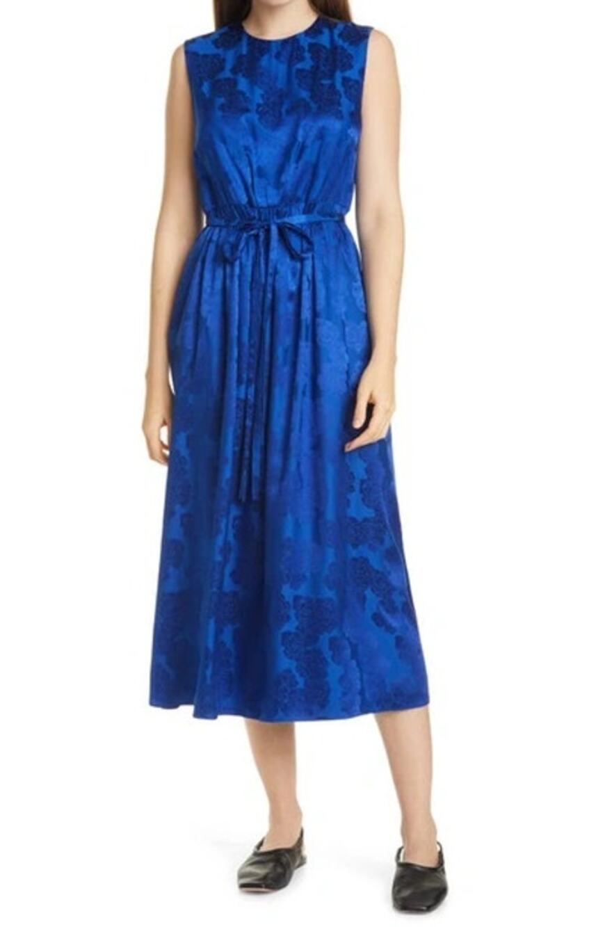 Dyvna Womens Floral Shift Midi Dress Large Cobalt Blue Sleeveless Tie Waist NWT